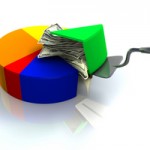 Round block divided into coloured sections, with green wedge of money